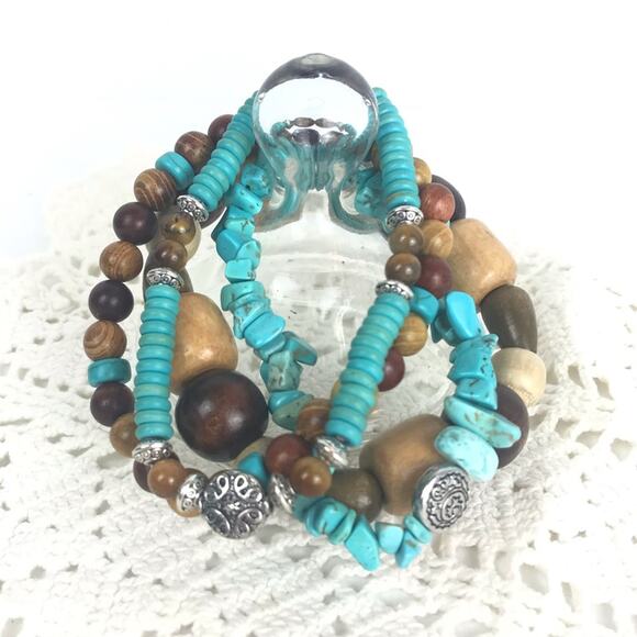 Turquoise Wood Bracelets Southwestern 4 Pc Stackable - Picture 1 of 6